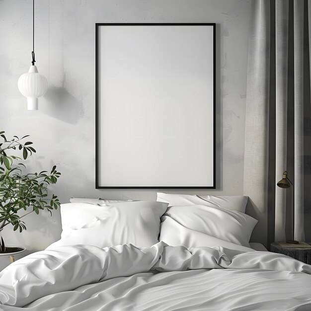 Photo mockup frame in bed room framed blank white on the wall above an unmade bed in a hotel room