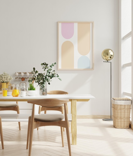 Mockup frame in the dining room interior design with beige empty wall