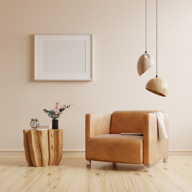 Mockup frame in interior background on empty white wall in living room interior,3d rendering