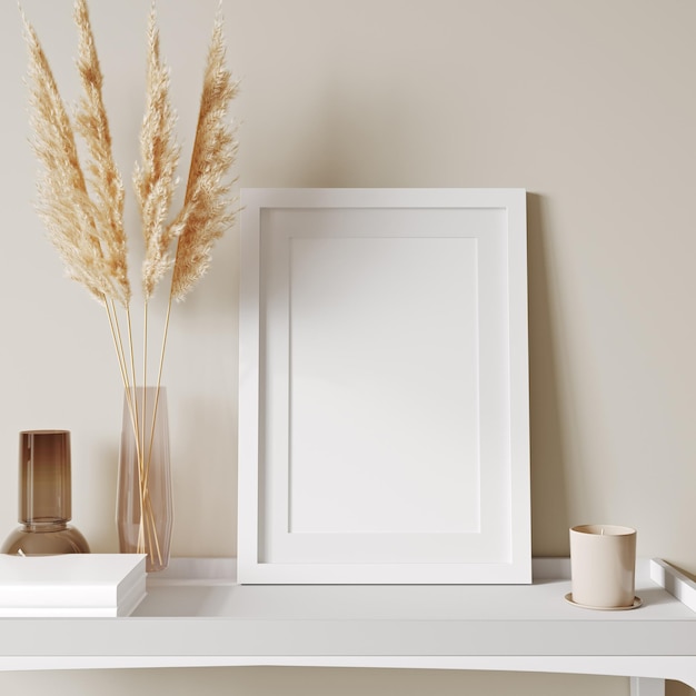 Mockup frame in interior background room in light pastel colors ScandiBoho style 3d render