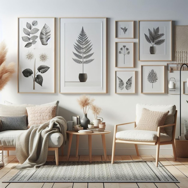 Mockup of a Frame in a Living Room with Scandinavian Style Chairs and Decor