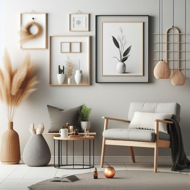 Mockup of a Frame in a Living Room with Scandinavian Style Chairs and Decor