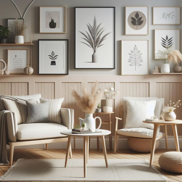 Mockup of a Frame in a Living Room with Scandinavian Style Chairs and Decor