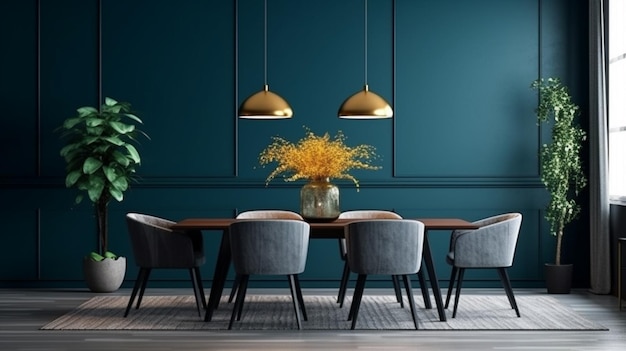 Mockup frame in modern dining room interior design with dark blue empty wall