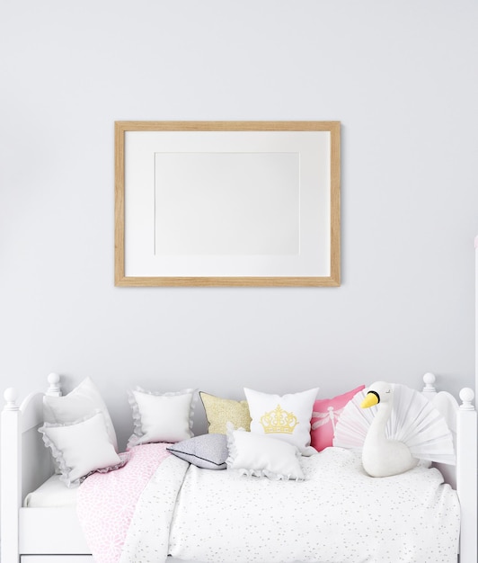 Mockup frame photo in the childrens room bedroom interior on wall white color background 3d render