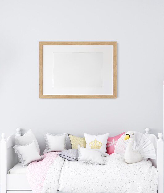 Photo mockup frame photo in the childrens room bedroom interior on wall white color background 3d render