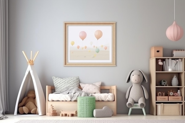 Mockup frame photo in the childrens room bedroom interior