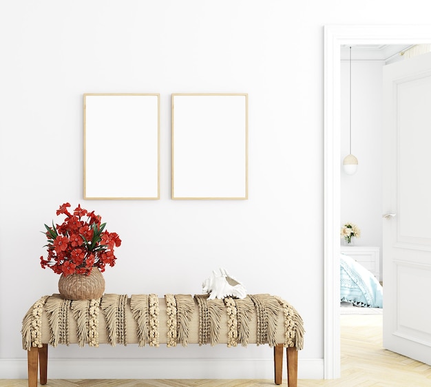 Mockup frame room with a vase of flowers on a bench and a door that says red flowers