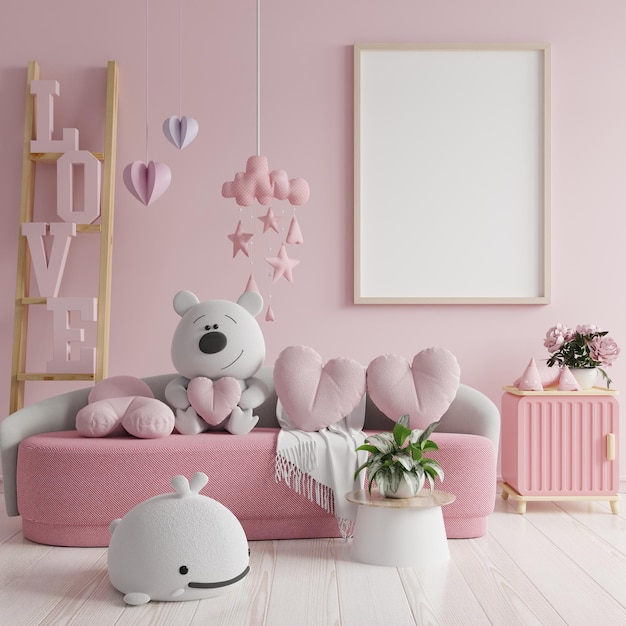 Mockup frame in the valentine39s day with sofa on pink color wall