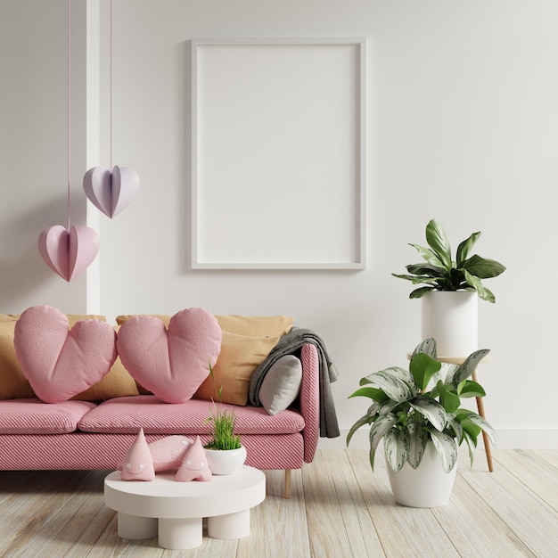 Mockup frame in the valentine39s room with have sofa and home decor for valentine39s day