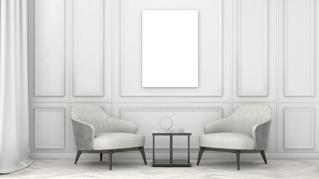 Mockup frame on white wall with chair,Modern style ,Poster Mockup ,3D rendering