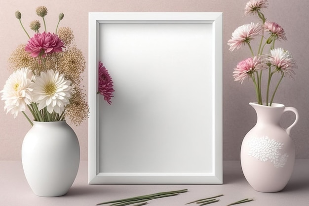 Mockup of a frame with delicate asters in a chic pink vase white frame prototype for a poster Mockup of a white empty frame for a presentation Lay flat