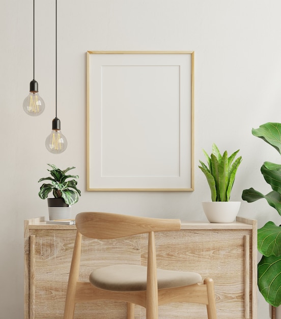 Mockup frame on work table in living room interior on empty white wall background,3D rendering