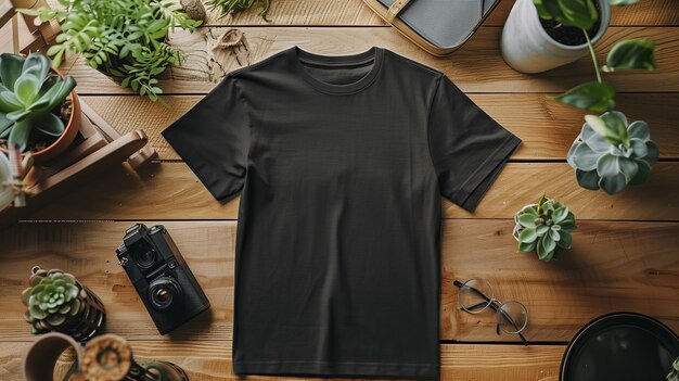 A mockup of the front view black tshirt surrounded by props Generated by artificial intelligence