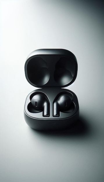 Mockup of futuristic matte black wireless earbuds inside open charging case on minimalist surface