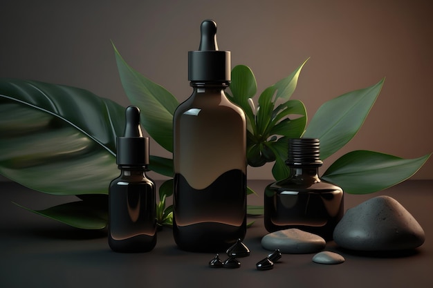 Mockup of glass cosmetic bottles with dropper on beige background with tropical leaves AI generation