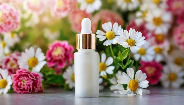 Mockup of glass white cosmetic serum bottle blooming flowers Natural skin care product