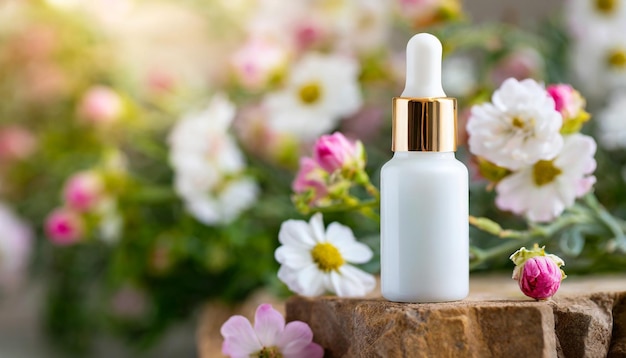 Mockup of glass white cosmetic serum bottle blooming flowers Natural skin care product