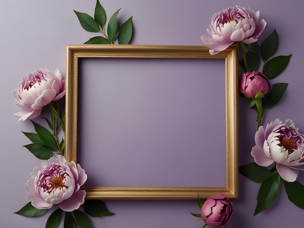 mockup golden frame with empty inside with pink flowers and green leaves around it