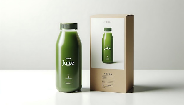 A mockup of a green juice bottle sitting on a clean white background