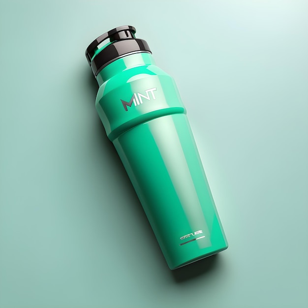 Mockup Of Green Sport Bottle On Blue Background 3D Rendering