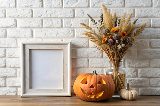 Photo mockup halloween background template empty frame on the table pumpkin