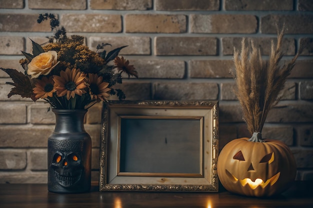 Photo mockup halloween background template empty frame on the table pumpkin