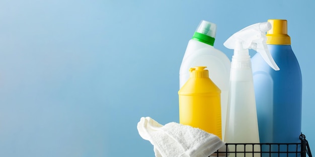 Mockup of household detergents in a metal basket on a light blue background