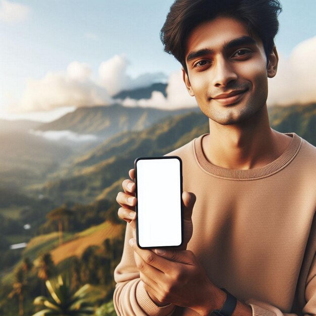 Mockup image of hands holding smartphone with blank screen over a landscape