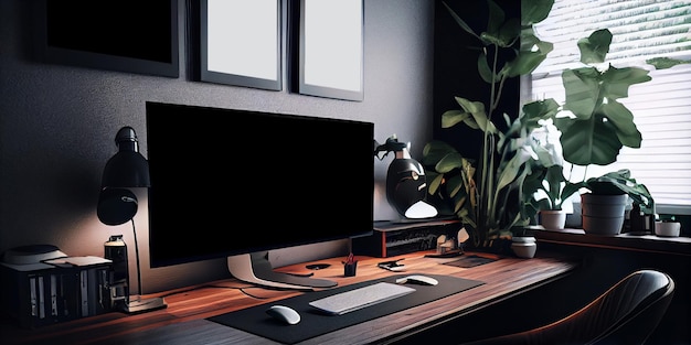 Mockup image of laptop with blank desktop screen on table in modern cafe with nature background AI Generated