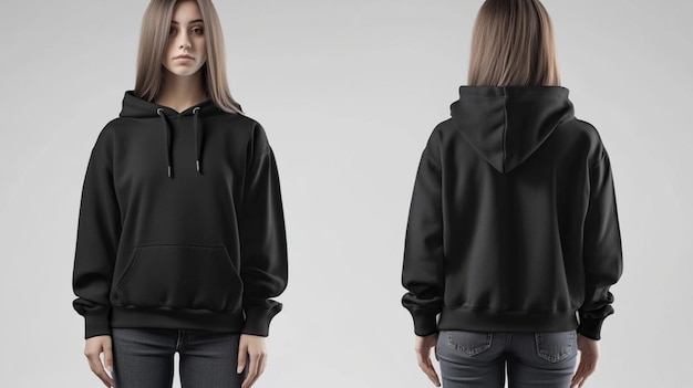 A mockup image showing the front and back view of a stylish female hoodie in full display