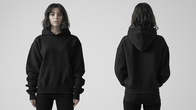 Photo a mockup image showing the front and back view of a stylish female hoodie in full display