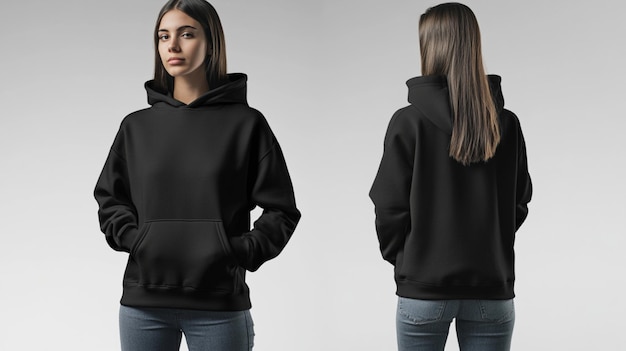 A mockup image showing the front and back view of a stylish female hoodie in full display