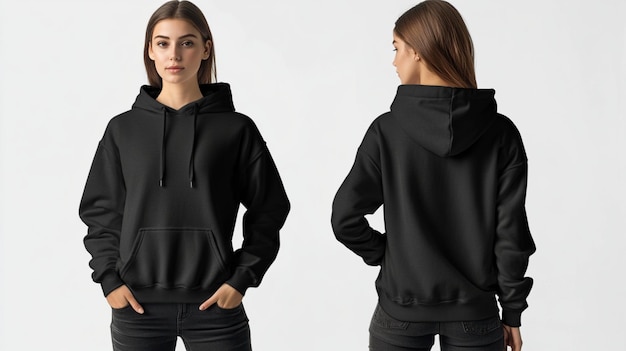 A mockup image showing the front and back view of a stylish female hoodie in full display