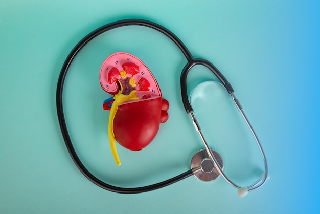 Mockup kidney and stethoscope lies on a blue background