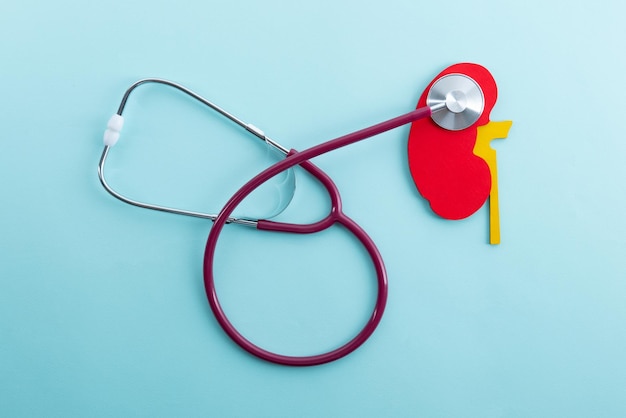 Mockup kidney and stethoscope lies on a blue background