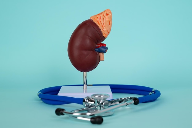 Mockup kidney and stethoscope lies on a blue background