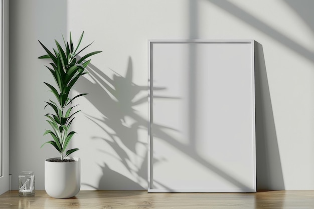 mockup landscape table w 45 frame next to a desk and a plant in the style of minimalist backgrounds