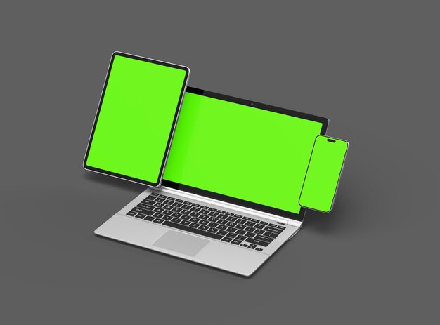 Mockup of laptop tablet and smartphone on a grey background