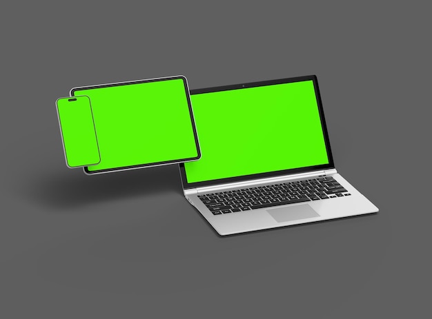 Mockup of laptop tablet and smartphone on a grey background