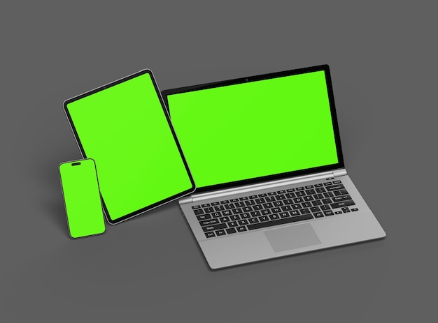 Mockup of laptop tablet and smartphone on a grey background