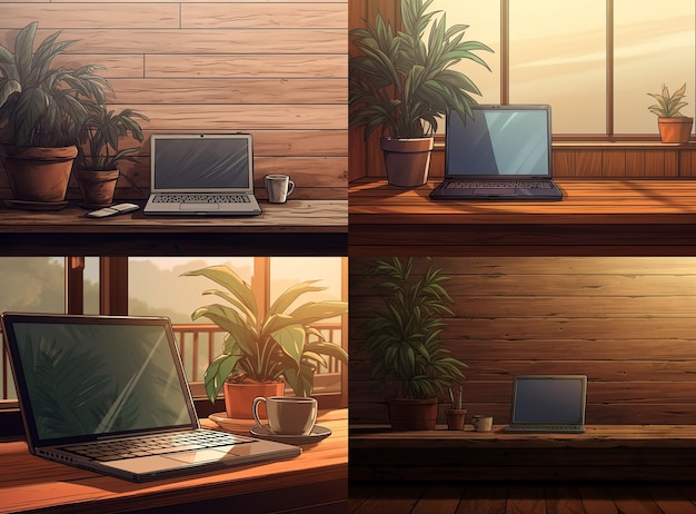 Mockup The Laptop On A Wood Desk With A Plant In Front In The S