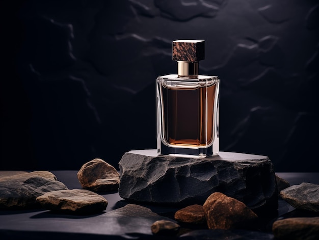 Mockup layout of a bottle of men39s perfume standing on a rock dark background product body care