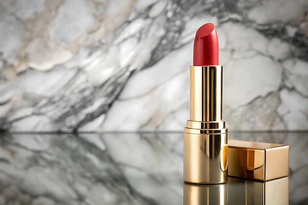 A mockup of a lipstick tube with a luxurious design placed on a marble vanity