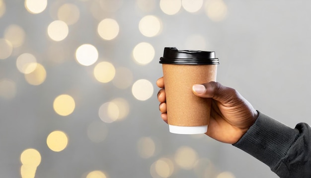 Mockup of male hand holding a Coffee paper cup isolated on light grey background