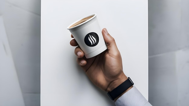 Mockup of Male Hand Holding Coffee Paper Cup on Light Grey Background