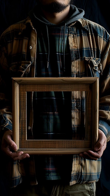 Photo mockup of a man holding an empty wooden frame against a solid black background for design