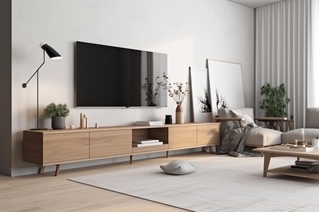 Mockup of a modern living room with a TV cabinet against a white wall Generative AI