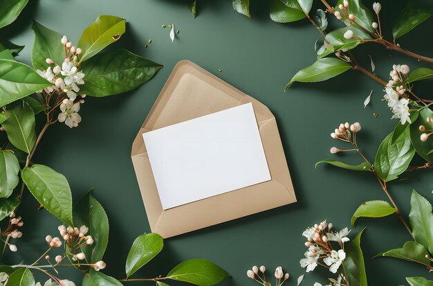 Photo mockup of an open green envelope with blank white paper