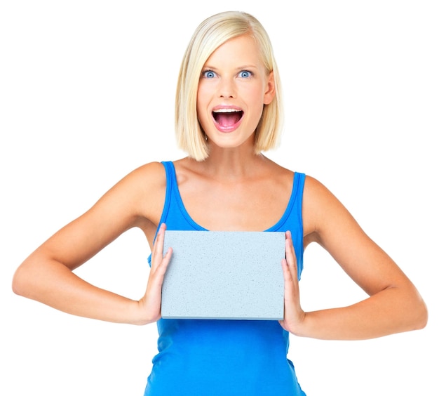 Mockup paper and woman holding board advertising marketing and billboard for sale deal or giveaway Portrait excited and female showing brand or sign isolated in a studio white background